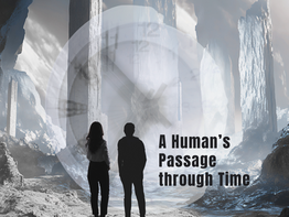 Silhouetted figures stand before towering rocks and a large clock overlay. Text reads "A Human’s Passage through Time." Moody, dreamlike scene.