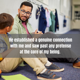 Teacher and student seated on the floor enjoying a genuine connection.