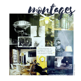 Collage with modern interior images, abstract art, and winter scenes. Text: "montages" and “I dreamed that, as I wandered...” Mood is artistic.
