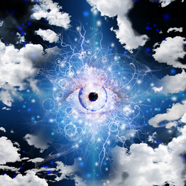Floating clouds surround an eye with imaginative designs to evoke a dream-like visual.