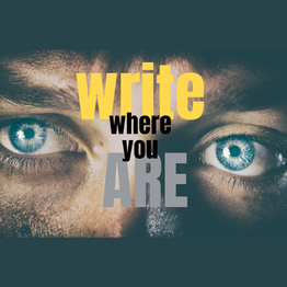 Two blue eyes stare out from the picture with title "Write where you are".