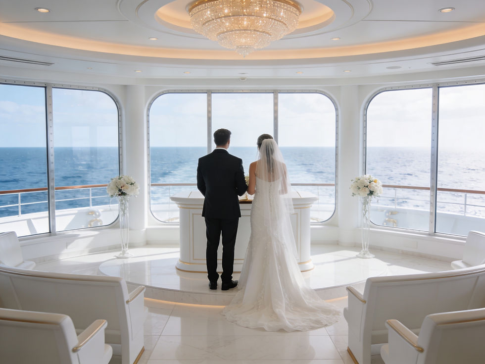 Bride and groom stand before an altar on a yacht with ocean views. Elegant white decor, floral arrangements, and a chandelier set a romantic mood.