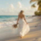 A woman in a white dress holding flowers walks along a serene beach with palm trees and gentle waves under a pastel sky.