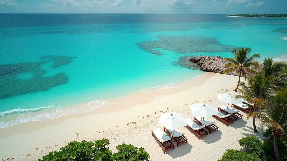 High angle view of a luxury Caribbean resort beach with sun loungers and clear blue water