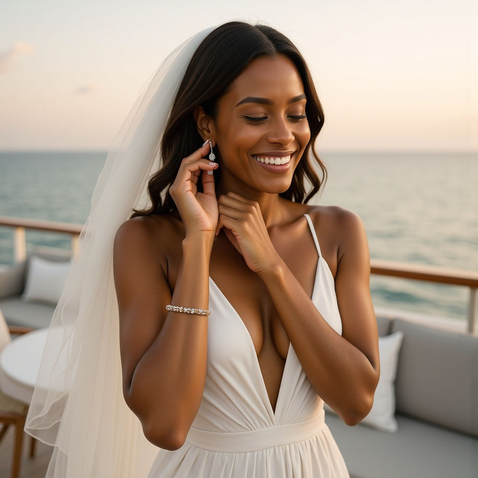 Bride smiles while adjusting earrings on a boat deck at sunset. She's in a white dress and veil, with the ocean in the background.