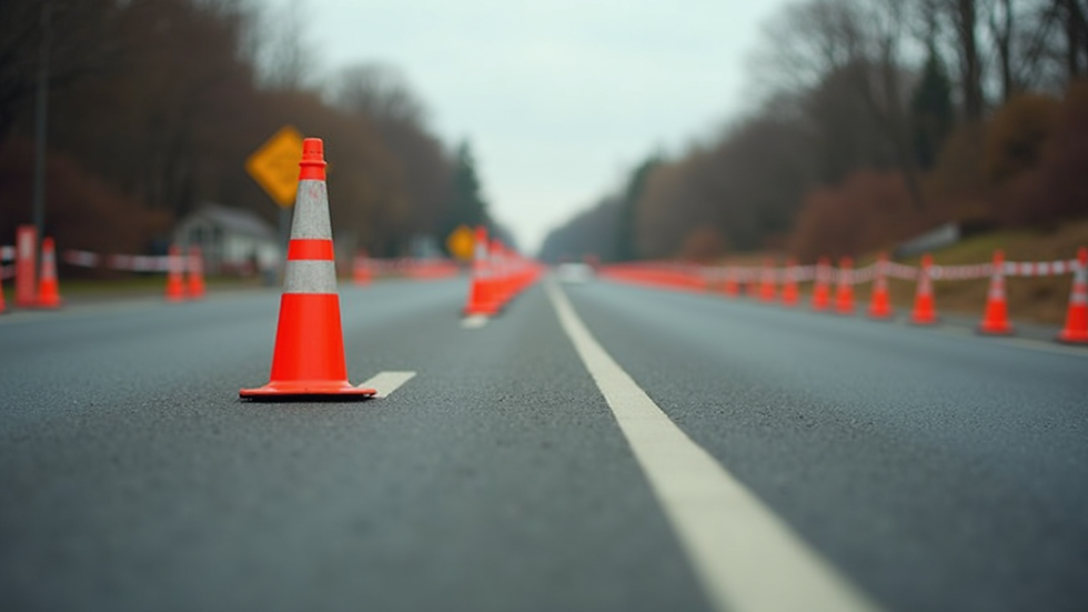 Eye-level view of a road construction site with traffic cones and signage