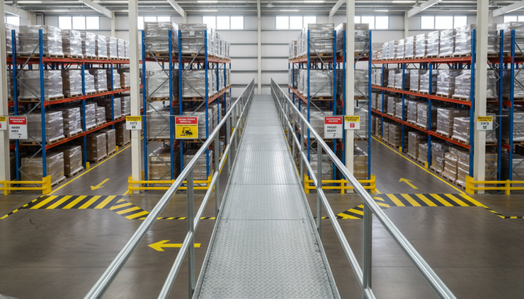 High-angle view of a warehouse walkway with marked pedestrian zones and safety signs.