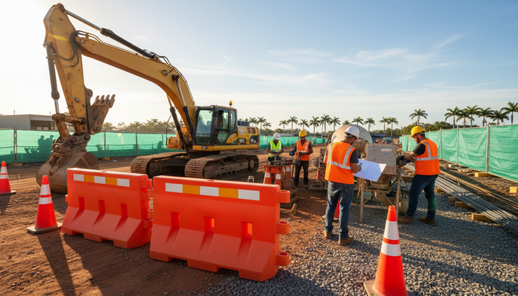 Wide-angle view of a construction site with barricades and machinery being checked before work starts