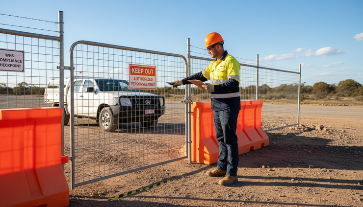 Eye-level view of a high-vis worker inspecting temporary barriers on a regional worksite.