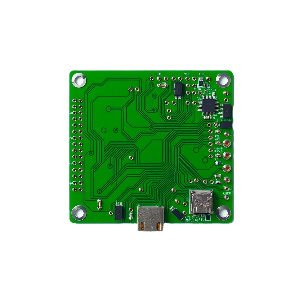 Grüne Leiterplatte Rückseite mit USB-Anschlüssen und Elektronikkomponenten.