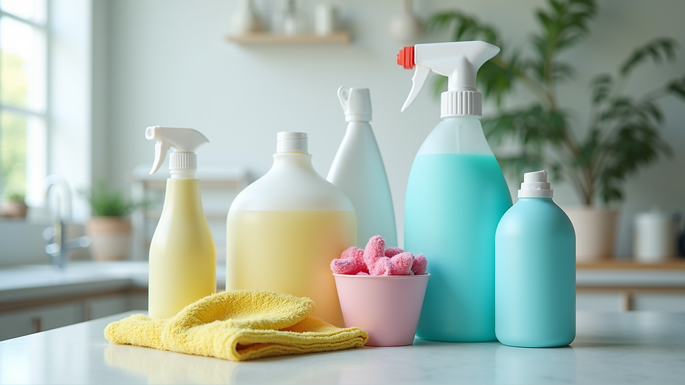 High angle view of cleaning supplies arranged neatly on a countertop