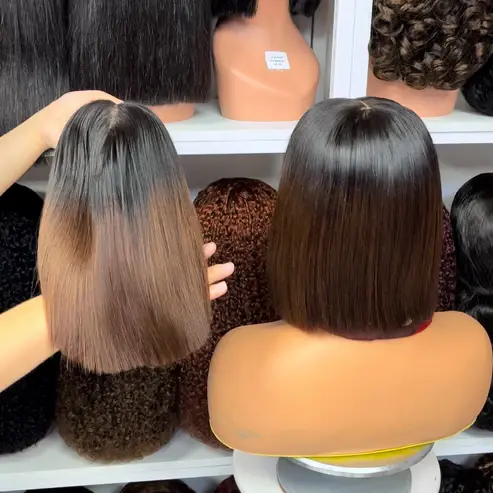 Thumbnail: Super Double Drawn 5x5 Glueless Bob Wig Human Hair Lace Wigs Ombre Color T1B/2 8