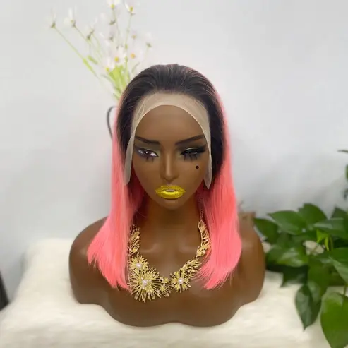 Thumbnail: 13*4 BoB Wig Straight Wigs Color T1B/Pink 200% Density
