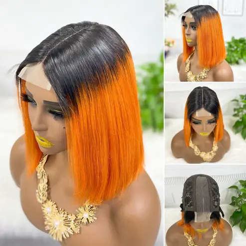 Thumbnail: Super Double Drawn 2*6 Lace Bob Wig Human Hair Lace Wig Color P4/350# Straight