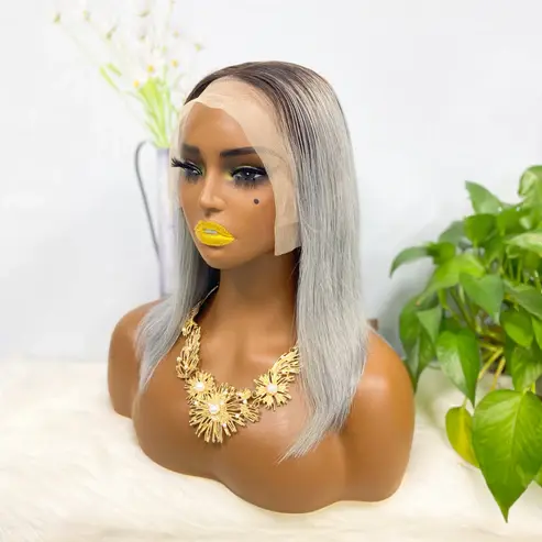Thumbnail: 13*4 BoB Wig Straight Wigs Color T1B/Grey 200% Density