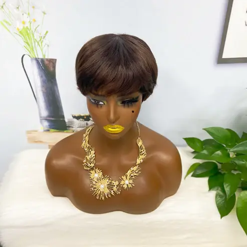 Thumbnail: Machine Human Hair Wig Straight Natural Hair Wig 6369 Color 4#