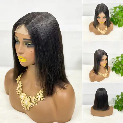 Thumbnail: Super Double Drawn 2*6 Lace Bob Wig Human Hair Lace Wig Color 99J Straight