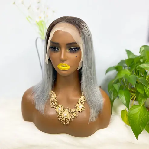 Thumbnail: 13*4 BoB Wig Straight Wigs Color T1B/Grey 200% Density