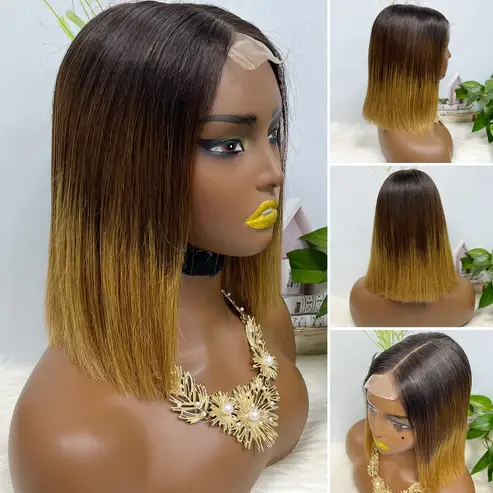 Thumbnail: Super Double Drawn 2*6 Lace Bob Wig Human Hair Lace Wig Color M4/27# Straight