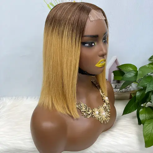 Thumbnail: Super Double Drawn 2*6 Lace Bob Wig Human Hair Lace Wig Color T4/27# Straight