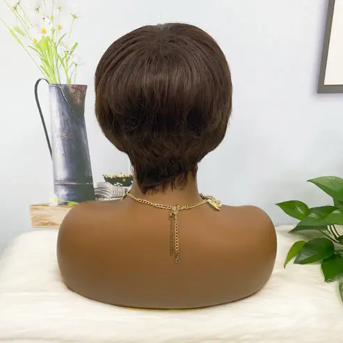 Thumbnail: Machine Human Hair Wig Straight Natural Hair Wig 6369 Color 4#