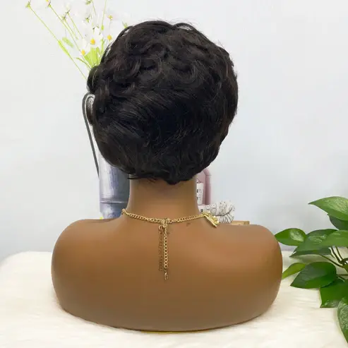 Thumbnail: Machine Human Hair Wig Natural Hair Curly Wig W561 Color 1B