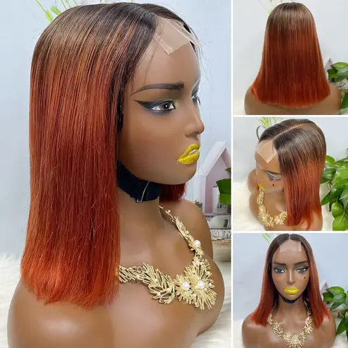 Thumbnail: Super Double Drawn 2*6 Lace Bob Wig Human Hair Lace Wig Color 99J Straight