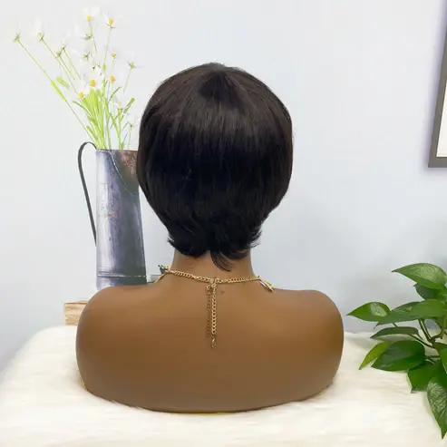 Thumbnail: Machine Human Hair Wig Straight Natural Hair Wig 074 Color 1B