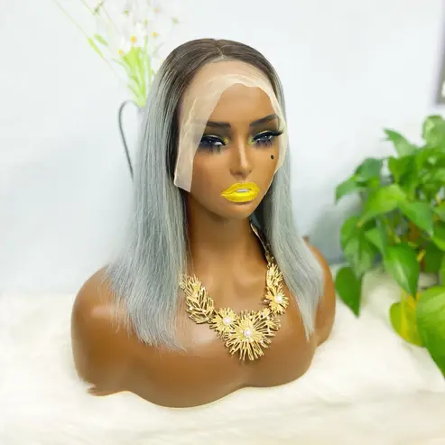 Thumbnail: 13*4 BoB Wig Straight Wigs Color T1B/Grey 200% Density