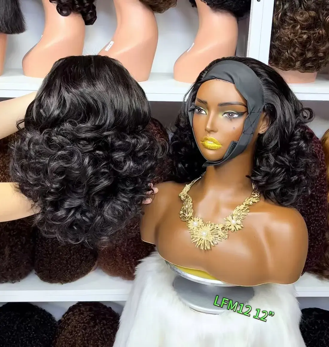 Double Drawn Headbands Wig Fumi Curl Human Hair Wigs Natural Color 300% Density 