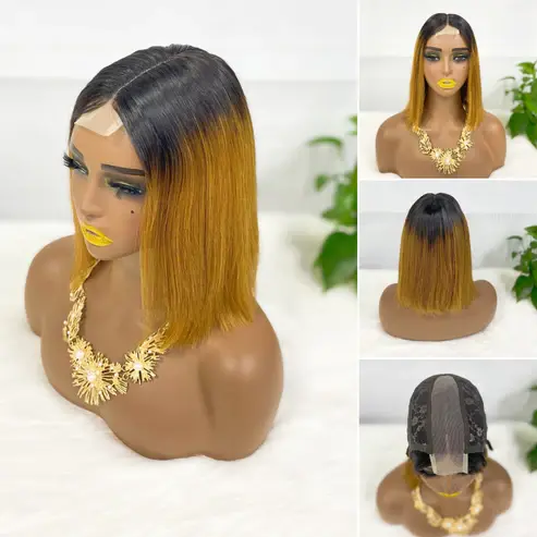 Thumbnail: Super Double Drawn 2*6 Lace Bob Wig Human Hair Lace Wig Color P4/350# Straight