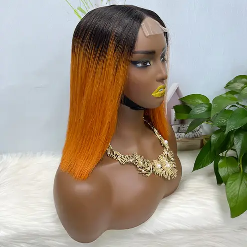 Thumbnail: Super Double Drawn 2*6 Lace Bob Wig Human Hair Lace Wig Color T1B/Orange Straigh