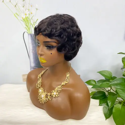 Thumbnail: Machine Human Hair Wig Natural Hair Curly Wig W561 Color 1B