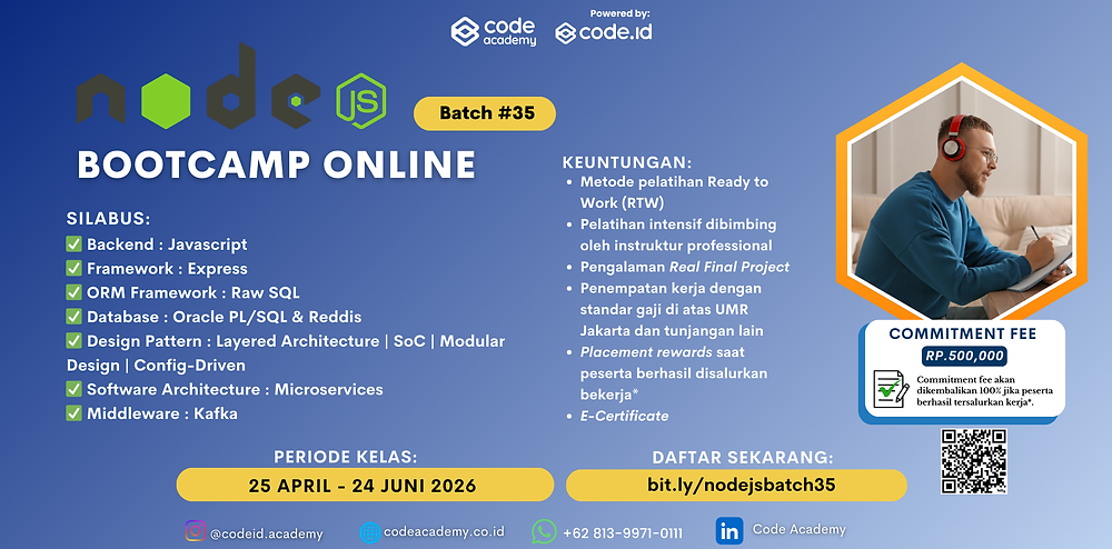 IT Bootcamp Code Academy: Kuasai Node.js dan Penyaluran Kerja Batch #35