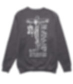 Back of charcoal gray crew that has Jesus on the cross with the word Bless Up on right side, on the left of Jesus has Hebrew that means crucified.  Below Jesus is Galatians 5:24 