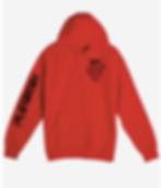 Front of red hoodie with a heart on left chest with a cross inside it and Bless Up down the right sleeve with cross and dove. 