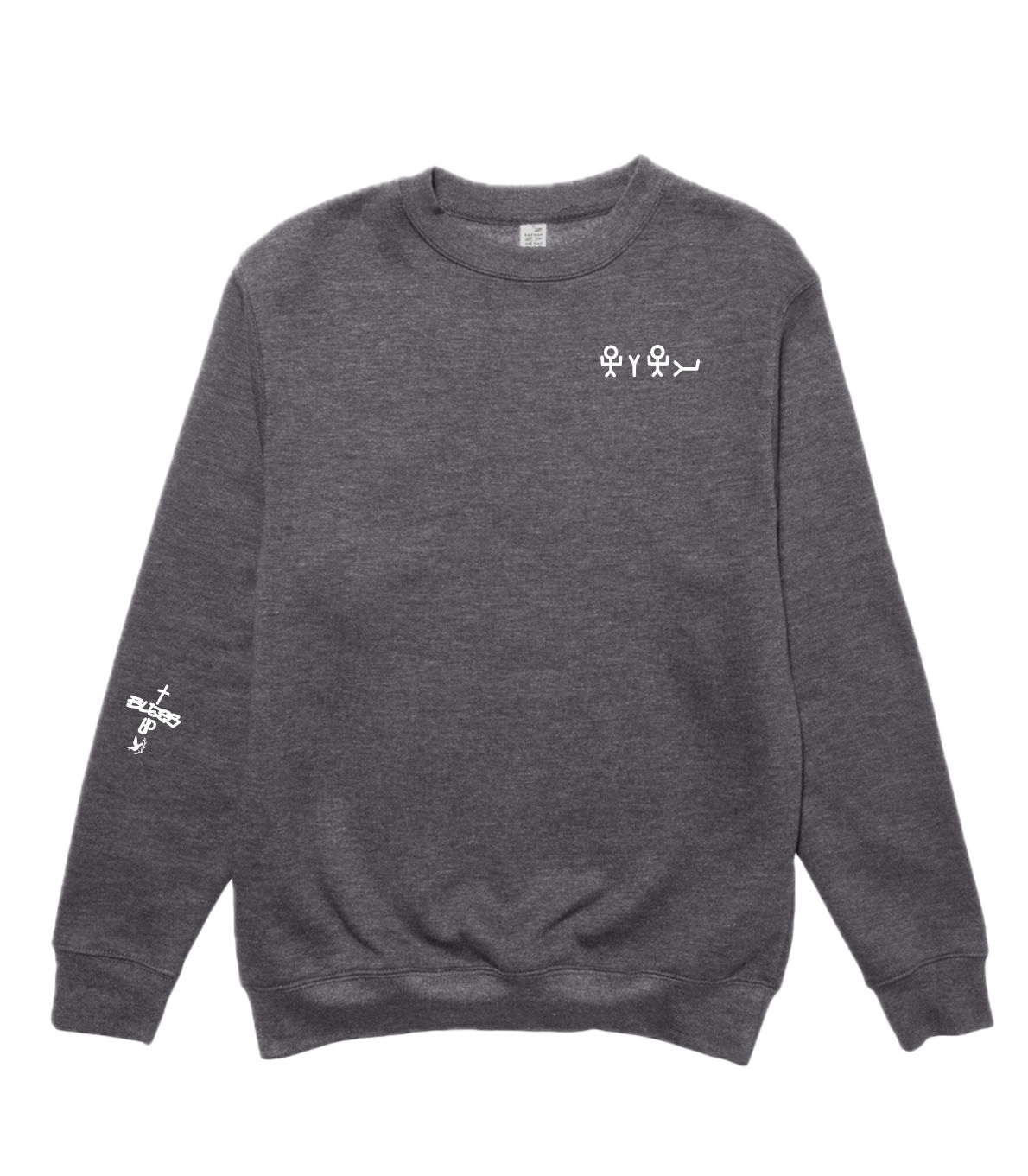 Front of charcoal gray crew with Paleo Hebrew on left chest that means behold hand behold nail, and Bless Up Clothiers cross logo on right sleeve.