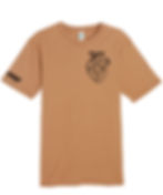 Front of mushroom t-shirt with a heart on left chest with a cross inside it and Bless Up down with cross on right sleeve. 