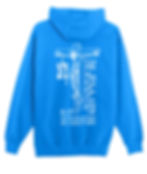 Back of blue hoodie that has Jesus on the cross with the word Bless Up on right side, on the left of Jesus has Hebrew that means crucified.  Below Jesus is Galatians 5:24 