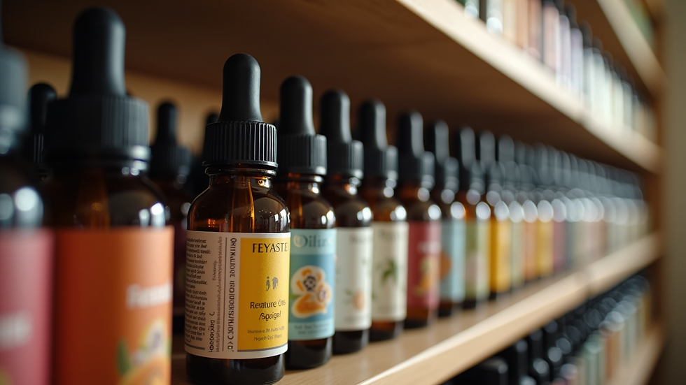 Close-up view of assorted essential oils lined up on a shelf