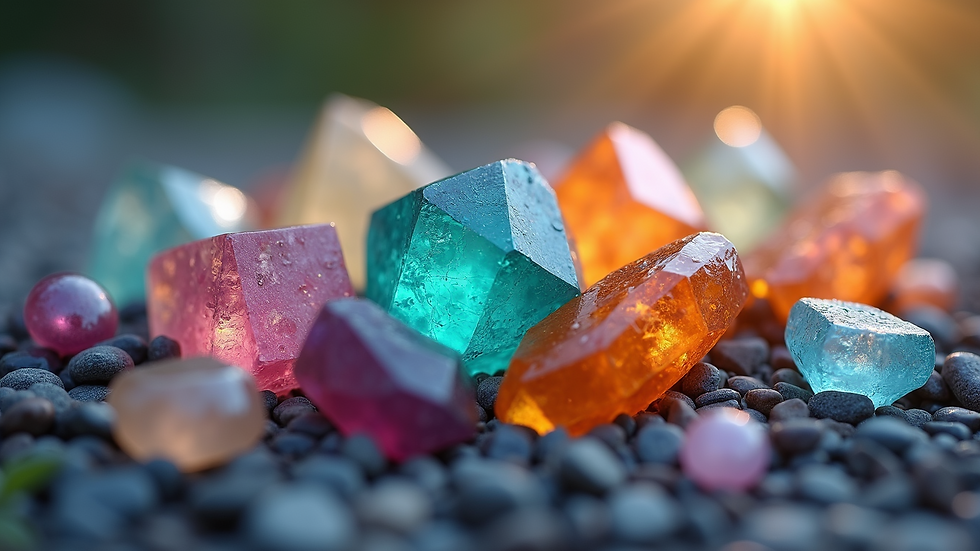 Close-up view of a variety of colorful healing crystals