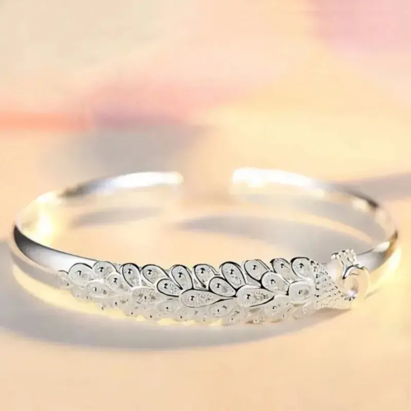 Thumbnail: 925 Sterling Silver Peacock Bangle — Luxury Women's Cuff