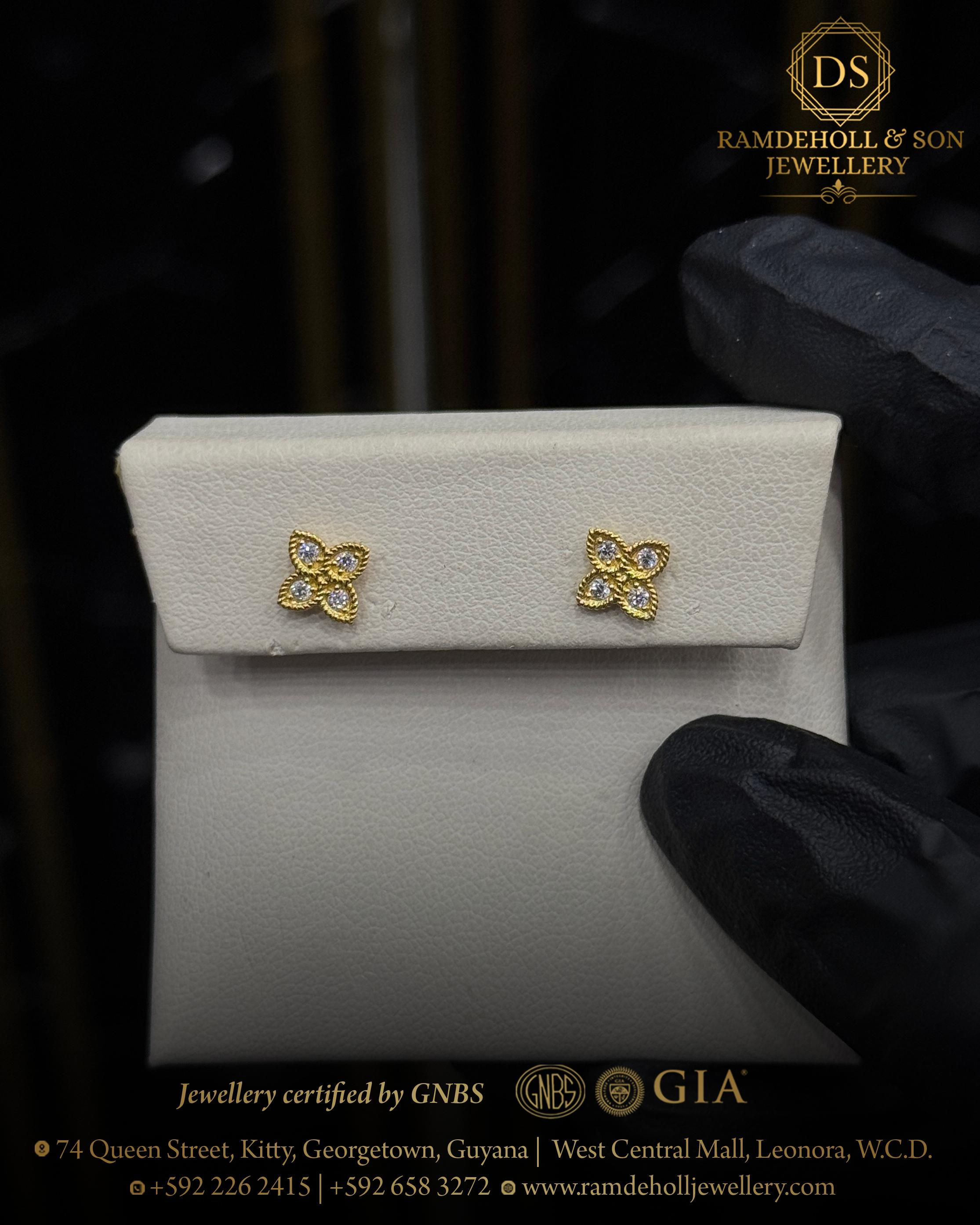 Four Petal CZ Earrings/14KT Yellow Gold 