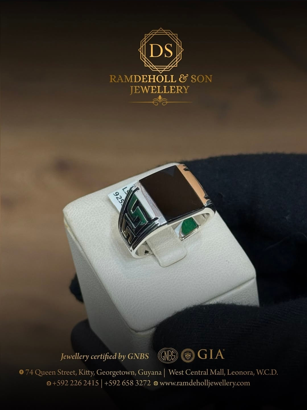925S Silver Male CZ Stone Versace Side Ring/Square/Black