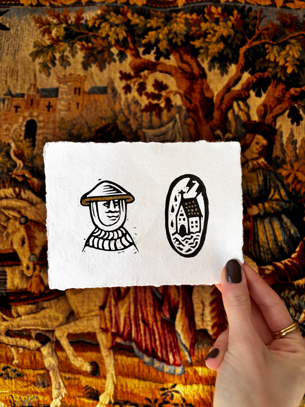 print of a person and a house