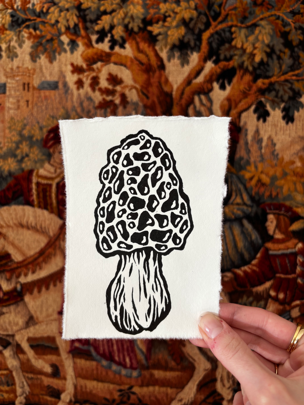 print of a morel mushroom.