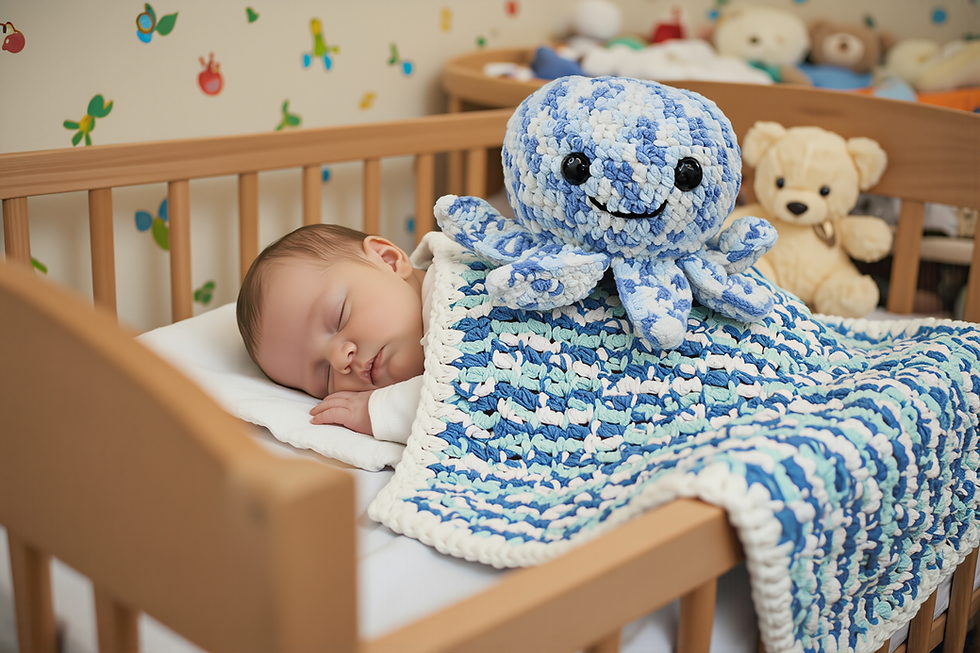 Splash crochet octopus cushion with Little Ocean Wave handmade baby blankie
