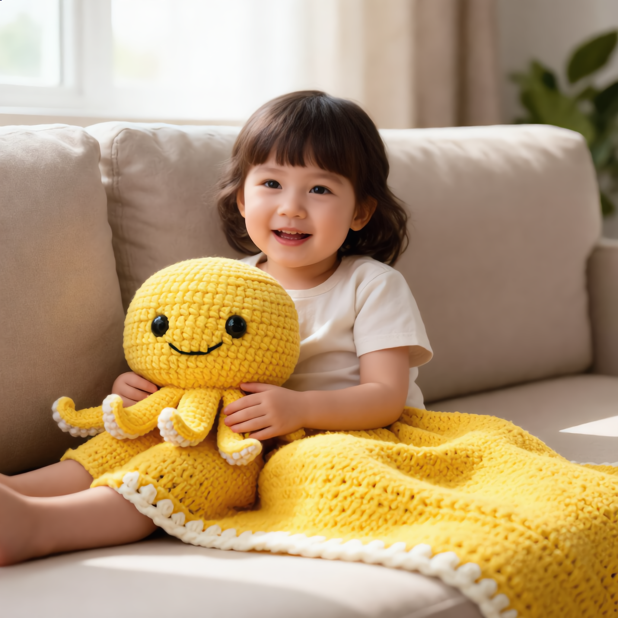 Sunny crochet octopus cushion with Sunshine Glow handmade bHandmade Crochet Octi Cushion and baby blankie in yellow and white