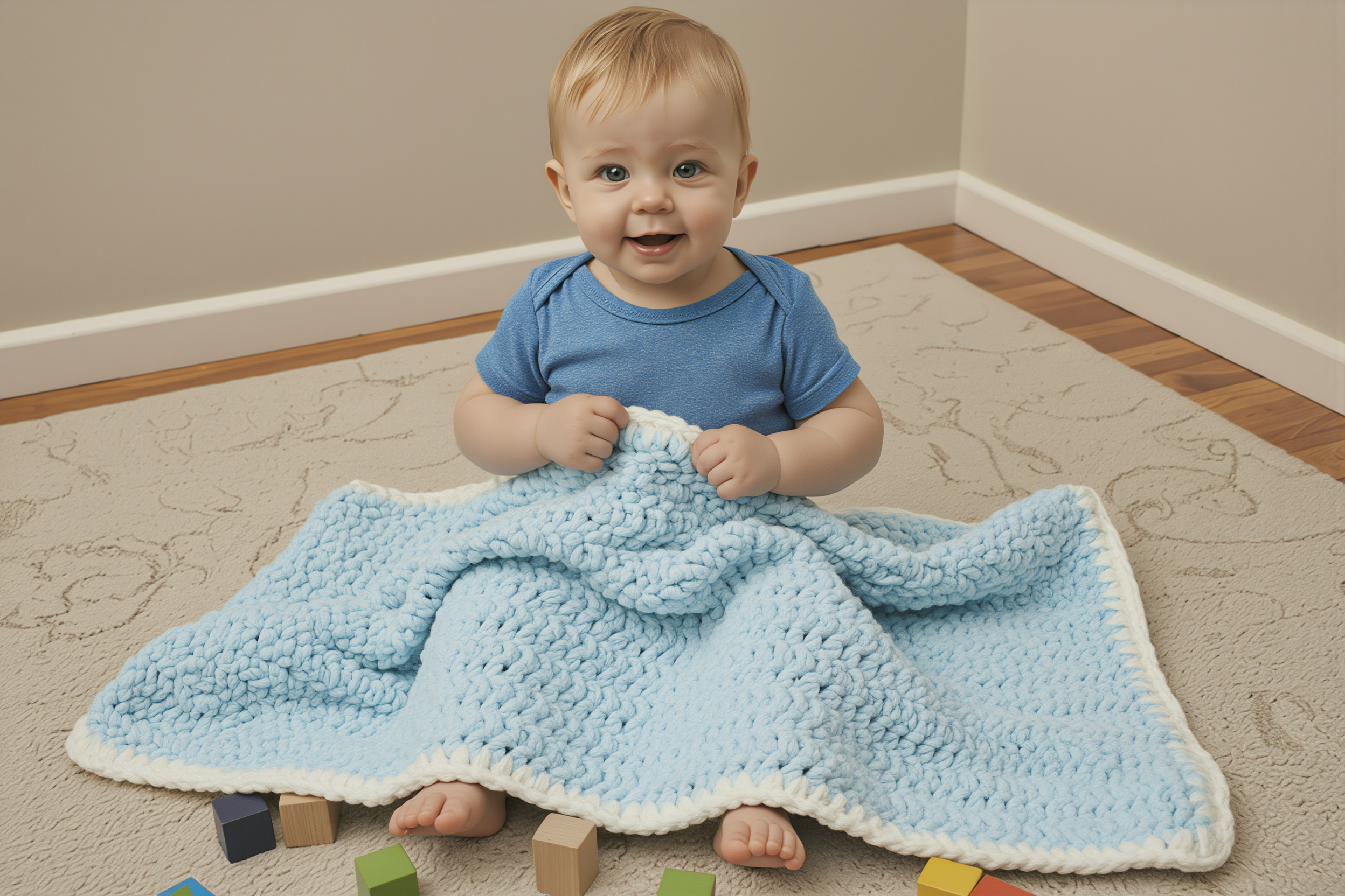 Little Ocean Cloud crochet baby blanket displayed with baby
