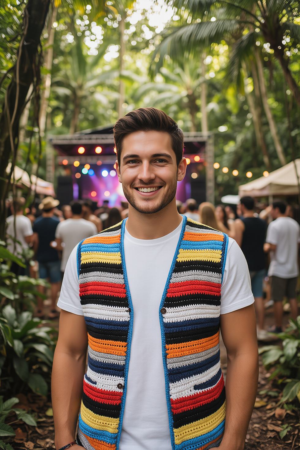 Island Rhythm Crochet Festival Vest worn at a tropical music festival